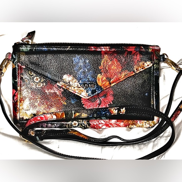 Black Leather clutch with flowers and crossbody shoulder bag. LODIS 9x5x0.5” - Picture 8 of 13
